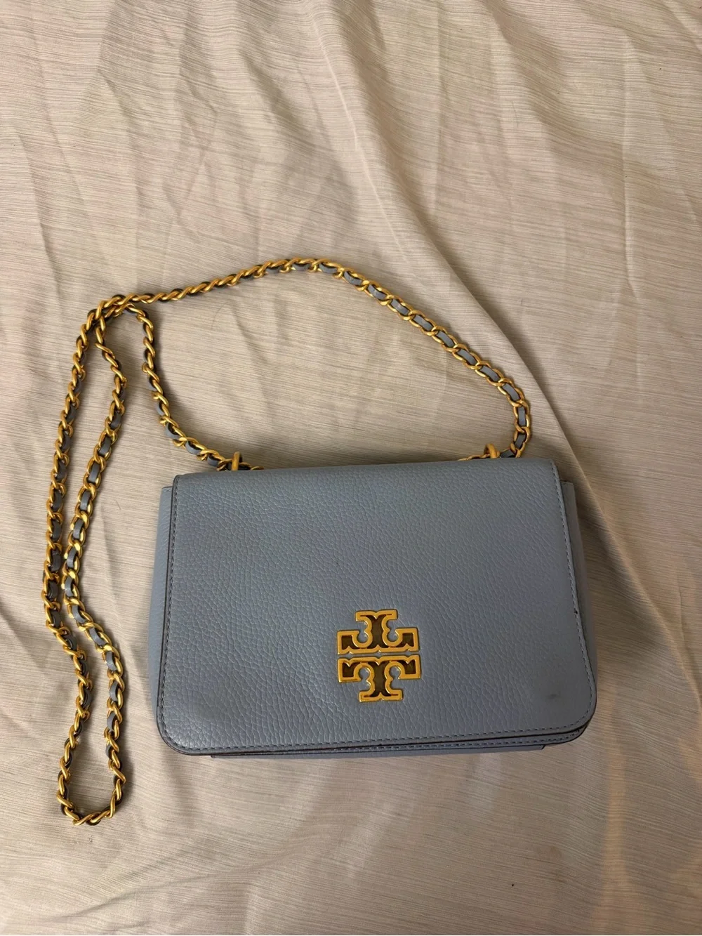 Tory Burch Light Blue Leather Shoulder Bag with Gold Chain